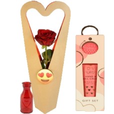 Rose in elegant box + Hand cream (Red rose with red vase in elegant heart box + Hand & Nail cream with key ring)